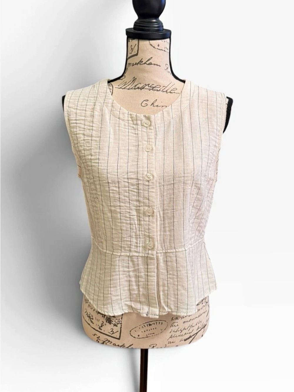 Max Studio Striped Peplum Button Front Top in Cream Size Small NWT